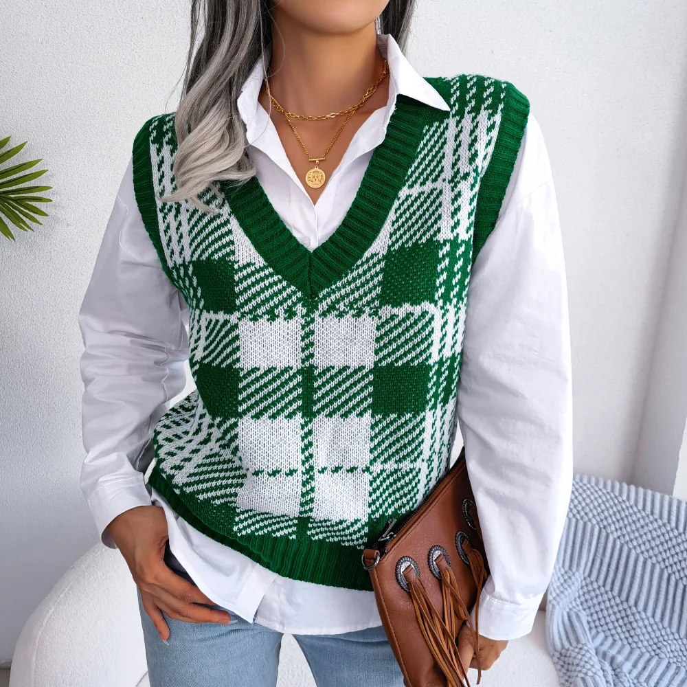 Autumn and Winter Casual Fashion Contrast Color Plaid Knitted Vest Sweater Vest Women's Clothing