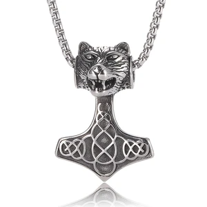 Nordic Viking Stainless Steel Bear Head Pendant Necklace Thor God Rune Man Necklace Retro Viking Jewelry