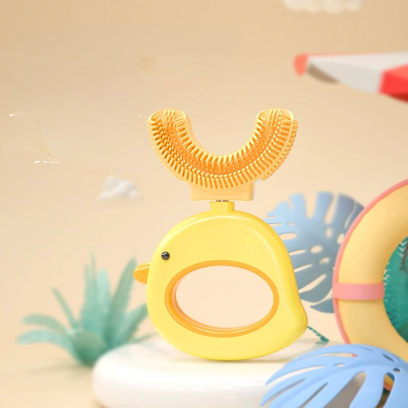 

Детская зубная щетка 360 градусов с милым цыпленком, Детская силиконовая U-образная зубная щетка, мультяшный подарок для детей 2-6-12 лет