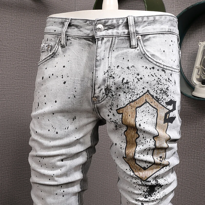 Streetwear Fashion Men Jeans Retro Light Gray Stretch Slim Printed Ripped Jeans Men Painted Designer Hip Hop Brand Pants Hombre