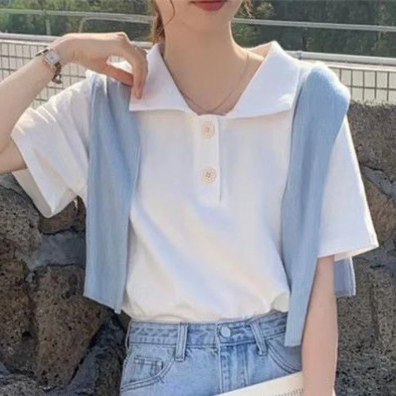 6-цветные футболки женские однотонные повседневные мягкие лацканы в