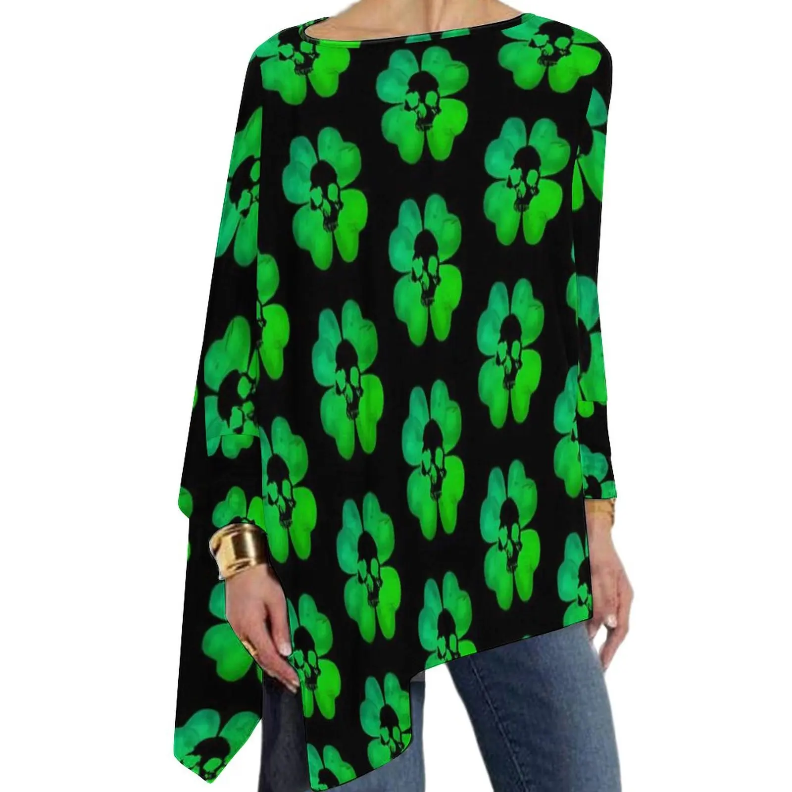 

Skull Leaf Print T Shirt Shamrock Funny Long Sleeve T Shirts Street Style Oversized Tee Shirt Women Pattern Tops Gift Idea