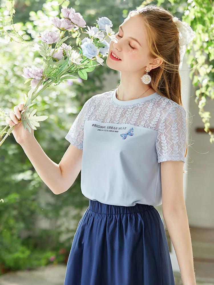 

dinboa-2022 Summer Top Women's T-shirt Lace Hollow Out Patchwork Short Sleeve T-shirts Slim Oneck T-shirt Top Women 2213013936