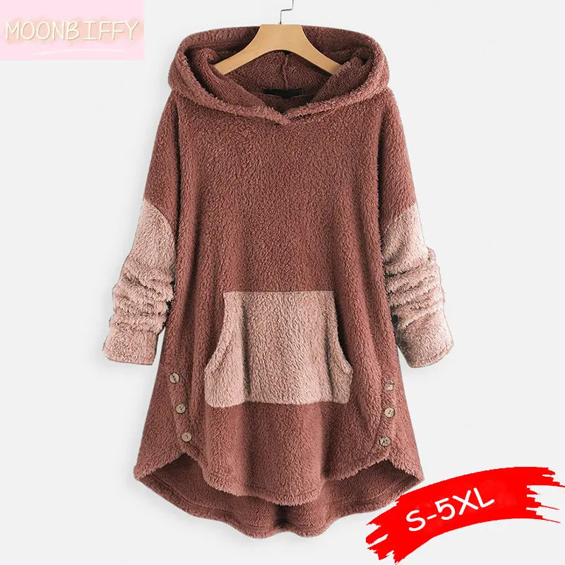 

Winter Warm Pullover Coat Women Double-faced Velvet Thick Warm Hooded Winter Outwear Patchwork Color Pocket Hoodies Jacket