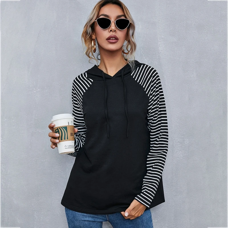 

Women Striped Raglan Long Sleeve Hoodies Colorblock Drawstring Sweatshirt Tops