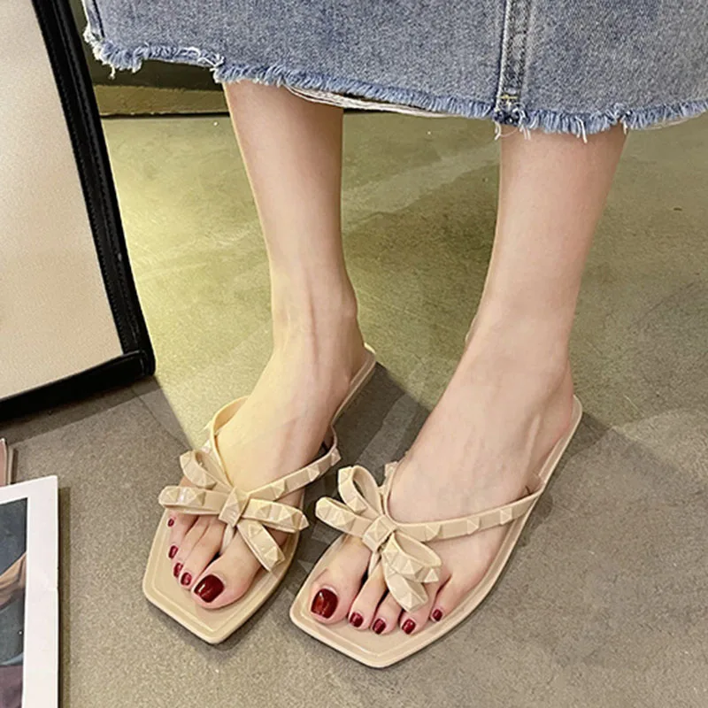 

Summer Women New Outdoor PVC Jelly Sandals Transparent Fashion Bow Lightweight Flat Casual Non-slip Beach Breathable Flip Flops