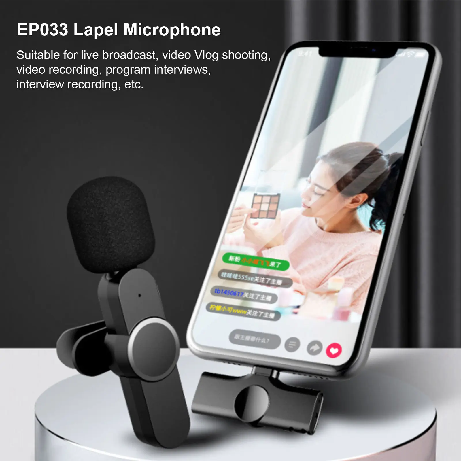 

EP033 Wireless Lavalier Microphone Portable Mini Mic for IPhone Android Phone Youtubers Facebook Live Broadcast