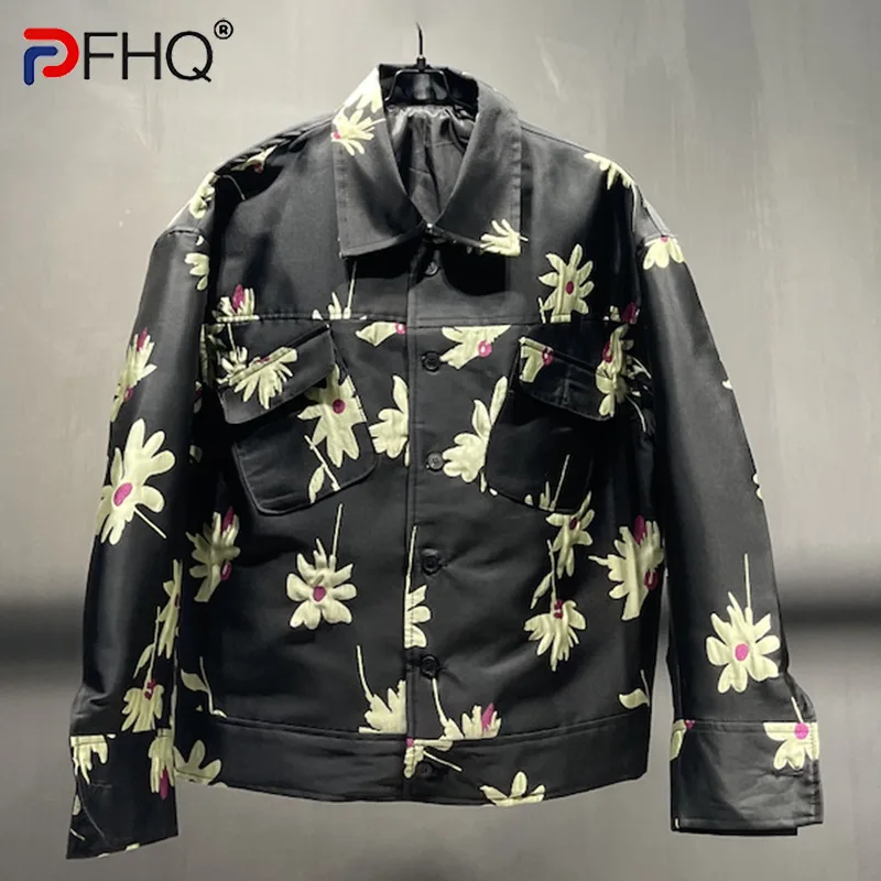 

PFHQ Autumn Men's Darkwear Jacquard Flowers Jackets Short High Quality Pockets Button Print Pattern Casual Lapel Coat 21Z1265