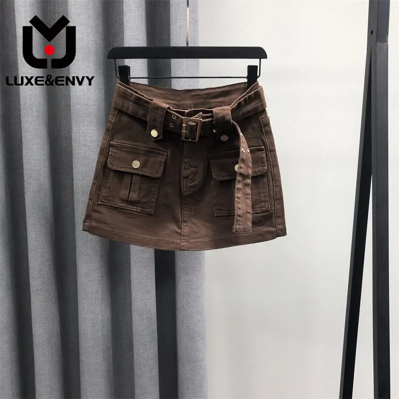 

LUXE&ENVY Coffee Colored High Waist Denim Shorts Skirt Women New Fashion Fake A-line Short Summer Autumn 2023