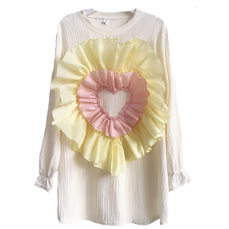 

Fashion Brand 2023 Spring Summer New Shirts Blusas Three-Dimensional Plate Flower Love Wrinkle Yarn Loose Chiffon Blouse Women