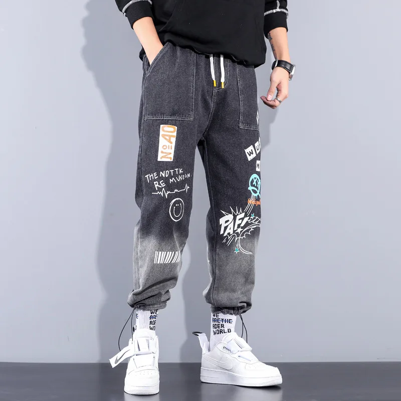 HOUZHOU Men's Jeans Pants Denim Pants Blue High Waisted Jeans Baggy Printed Denim Trousers Male Jeans Hip Hop Streetwear 5XL