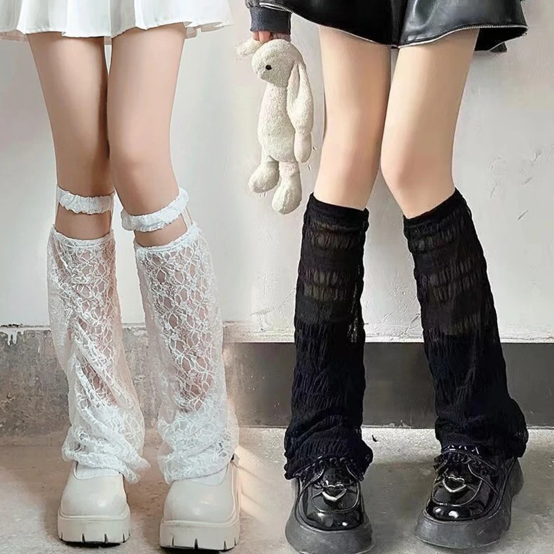

Y2k Japanese Long Socks Harajuku Hollow Print Flared Leg Cover Lolita Lace Stripe Stockings Gothic Black Spice Girl Leg Warmers