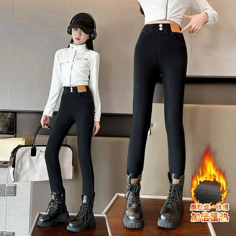 Новые зимние джинсы для девочек детские толстые флисовые брюки детей леггинсы