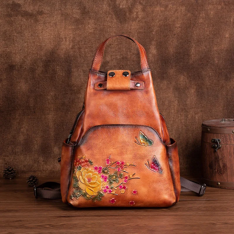 

Vintage Double Shoulder Bags Genuine Leather Backpack Woman Floral Women's Real Cow Leather Backpacks Retro Ladies Handbag