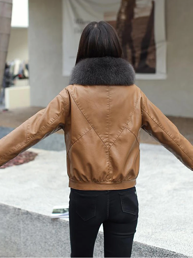 New Women Plus Velvet Lining Leather Jacket Autumn Winter Casual Fashion Fur Collar Loose Short Motorbiker Coat Split Leather