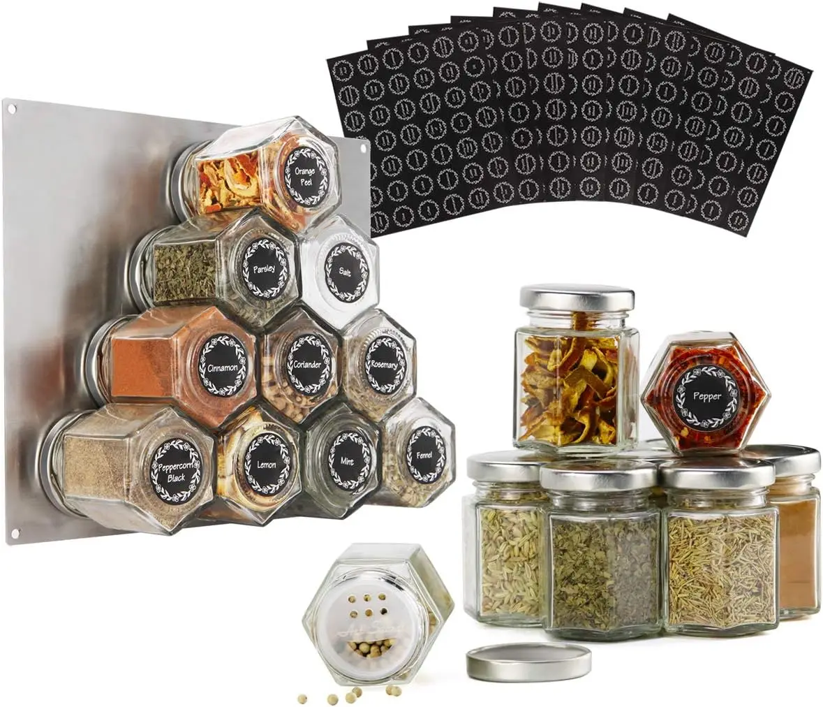 

3oz Spice Jar Hexagon Glass with Shaker Lids and 394pcs Labels Spray bottle Spice grinder Kitchen gadget and accessories Dispen