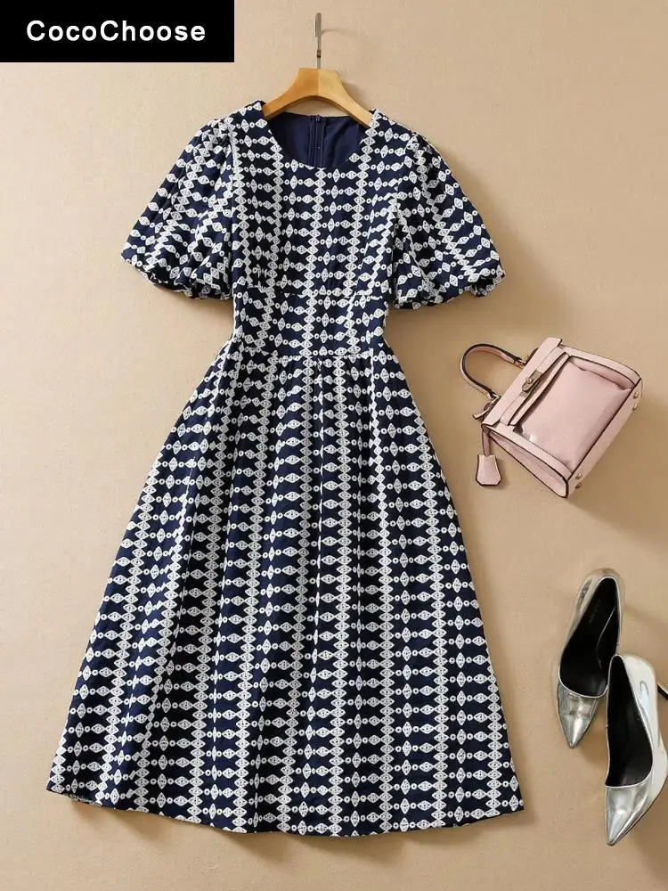 

Luxury Floral Embroidery Designer Dress Women 2022 Runway O-neck Short Puff Sleeve High Waist A-line Elegant Summer Dresses Blue