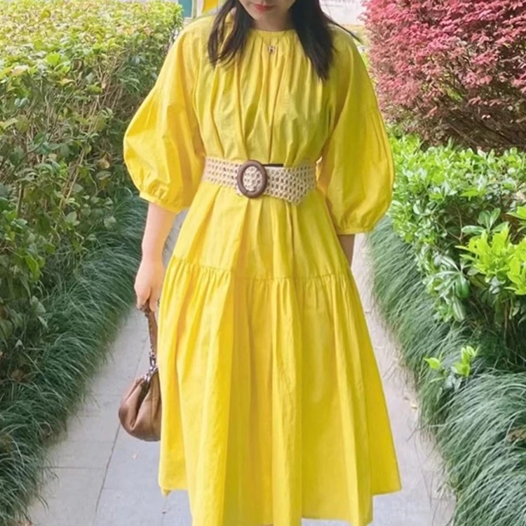 

Женское Хлопковое платье-миди желтого цвета, с круглым вырезом, поясом и буффами на рукавах, простой темпераментный женский халат, новинка ...