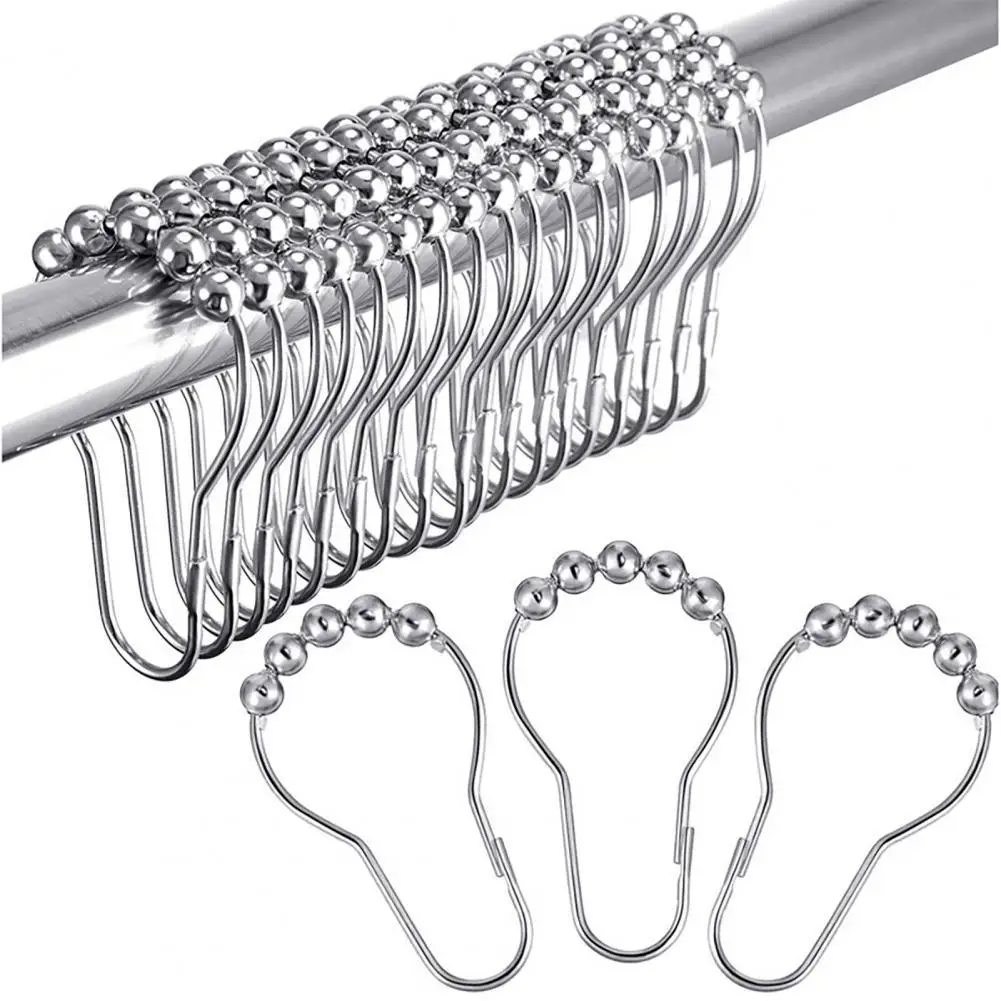 

12Pcs Stainless Steel Curtain Hooks Bath Curtain Rollerball Shower Curtain Rings Hooks 5 Rollers Polished Satin Nickel Ball Ring
