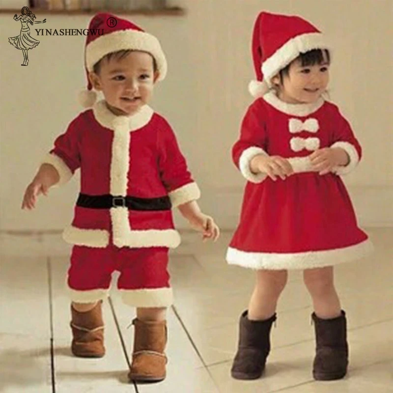 

Детский Рождественский костюм Санта-Клауса, детский наряд, костюмы для косплея, Новогодняя одежда, топ, платье, шапки, брюки для мальчиков и девочек, подарки