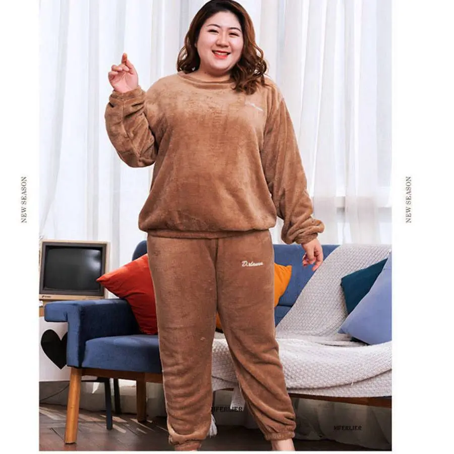 Size 6XL 140kg Winter Warm Coral Fleece Pajamas Sets Long Sleeve Top And Pants Sleepwear Suit Home Women Female Sleepwear