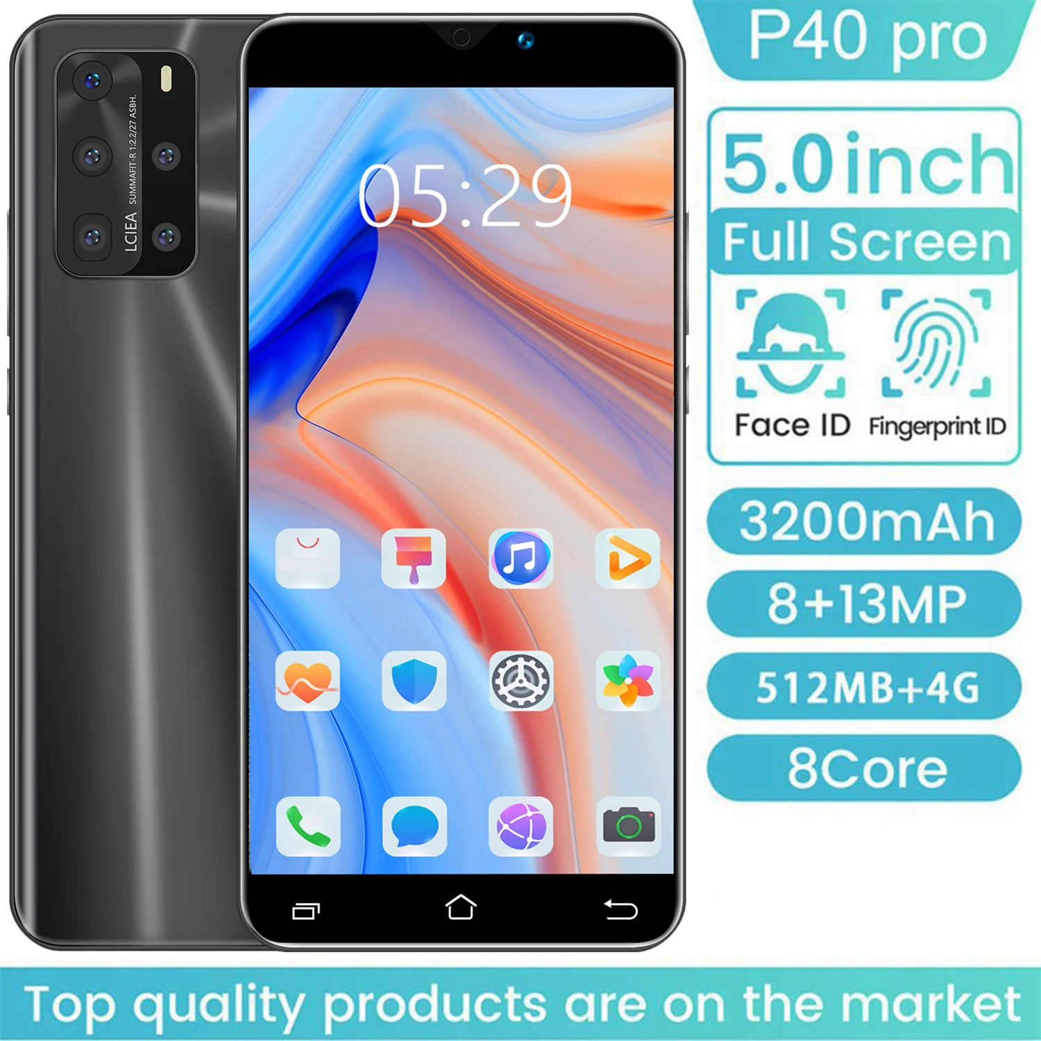 

Dual-Core P40 Pro Smartphone 5 Inch Screen Smartphone 512M+4G Android Smartphone 3D Glass Plated Back Cover