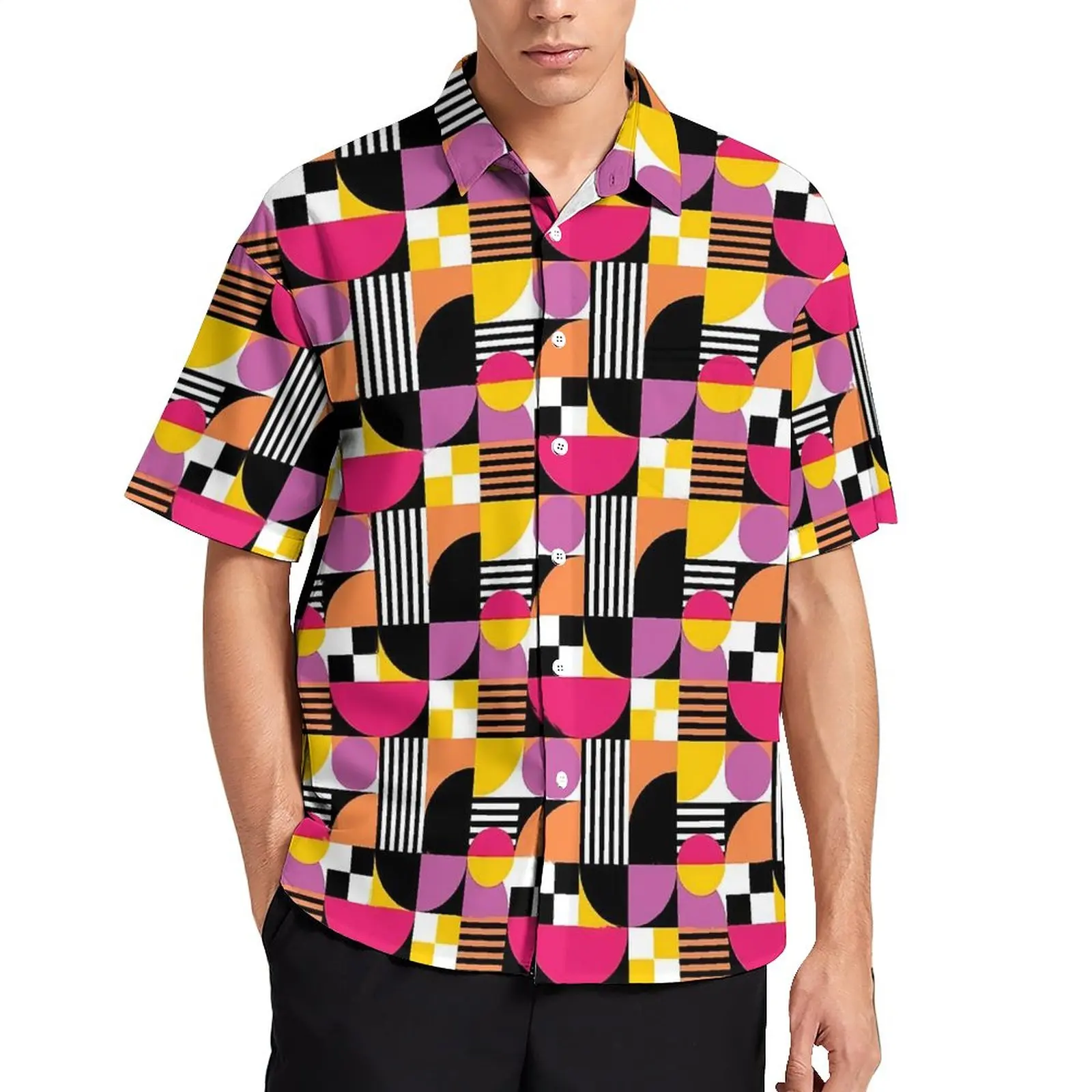 

Mid-Century Geo Print Casual Shirt Shapes Stripes Beach Loose Shirt Hawaiian Fashion Blouses Short Sleeve Design Oversized Top