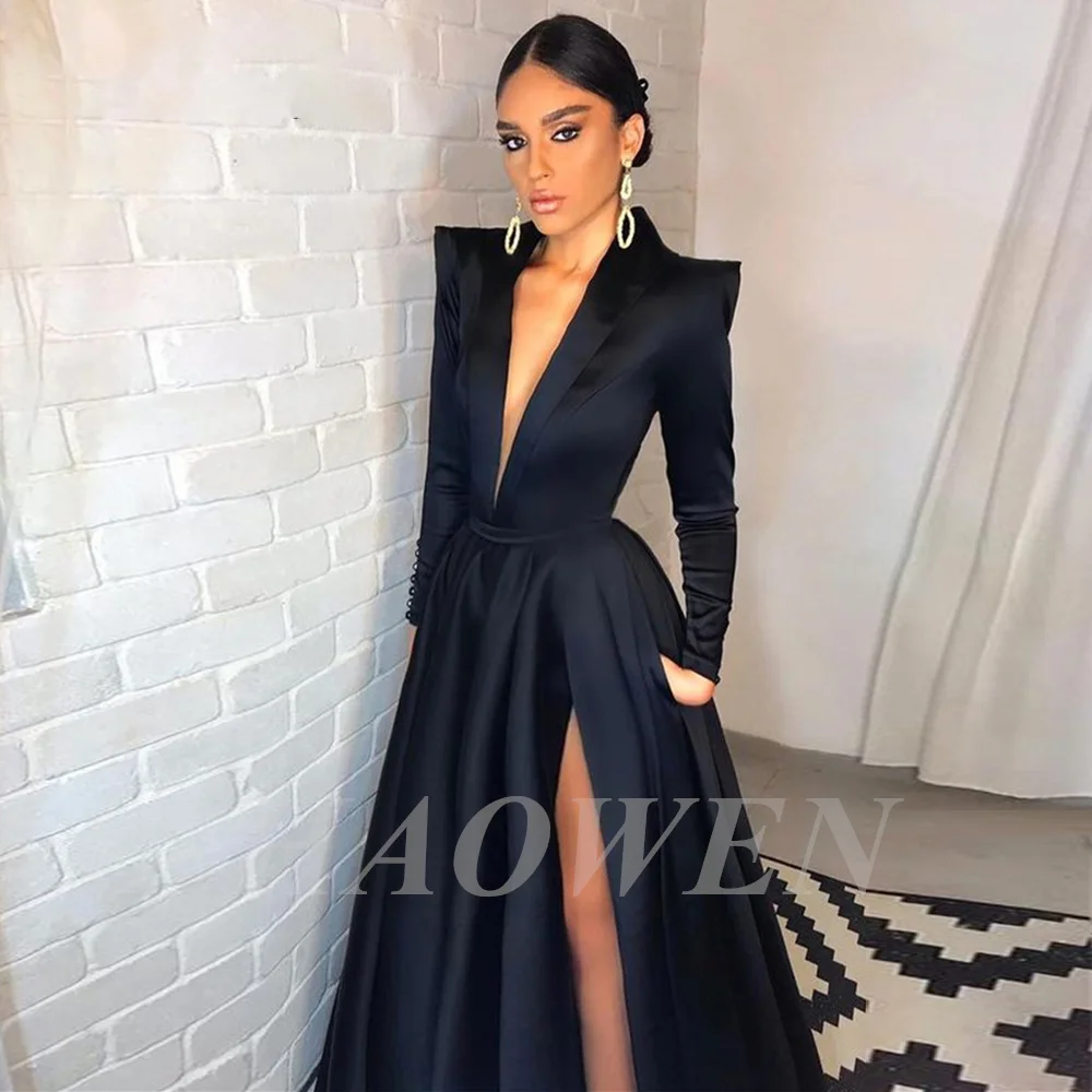 

HAOWEN Sexy Century Simple Black Long Meramid Evening Dress Side Split Deep V-Neck Formal Party Floor-Length