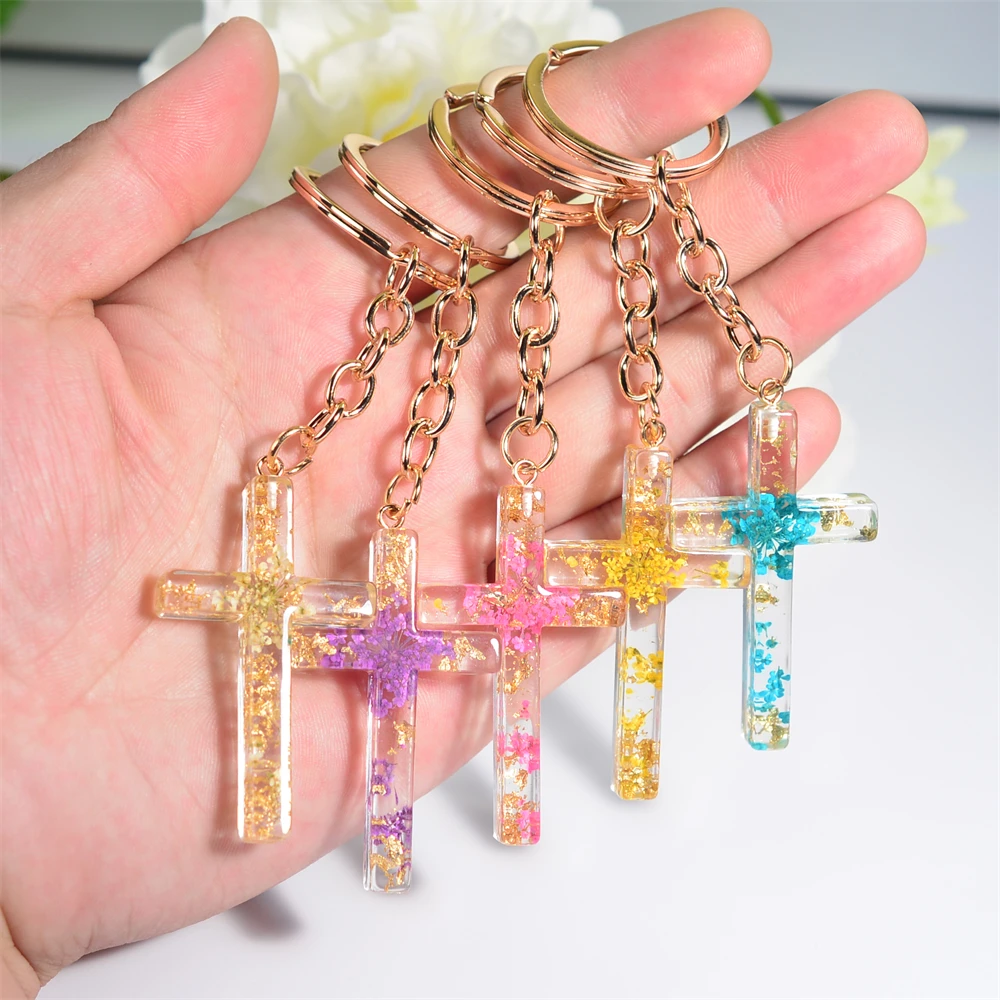 

Dry Flower Filling Glitter Resin Jesus Christian Cross Keychain For Women Men Bag Car Pendant Key Chains Chrams