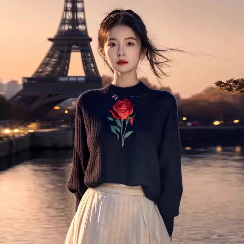 Винтажный свитер с вышивкой черной розы женский осенне-зимний 2024 новый вязаный