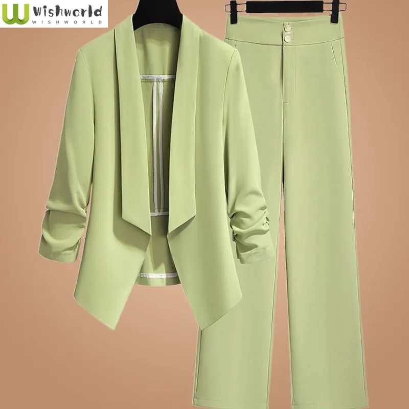 Korean Style Slim Fitting Thin Jacket Blazer Casual Wide Leg Pants Two-piece Elegant Women's Pants Set Summer Office Outfits