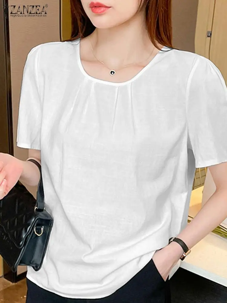 

2022 Fashion O Neck Shirts Oversize Women ZANZEA Office Lady Short Sleeve Camisas Vintage Cotton Tops Summer Casual Solid Blouse