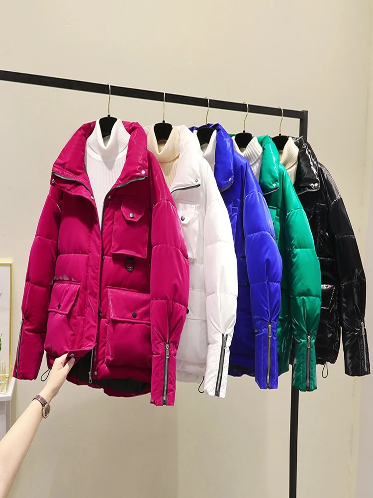 

2022 New Puffer Winter Down Loose Stand-up Collar Jacket Women Thick Coat Shining Parkas Warm Female Cotton Padded Clothes