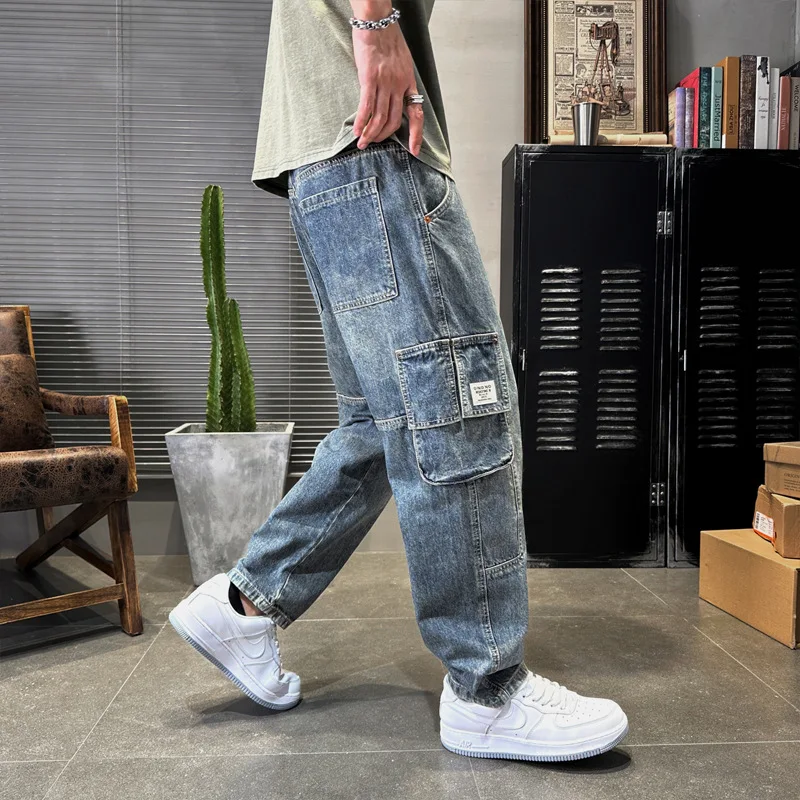 Streetwear Fashion Men Jeans Loose Fit Spliced Designer Multi Pockets Casual Denim Harem Jeans Men Hip Hop Wide Leg Pants Hombre