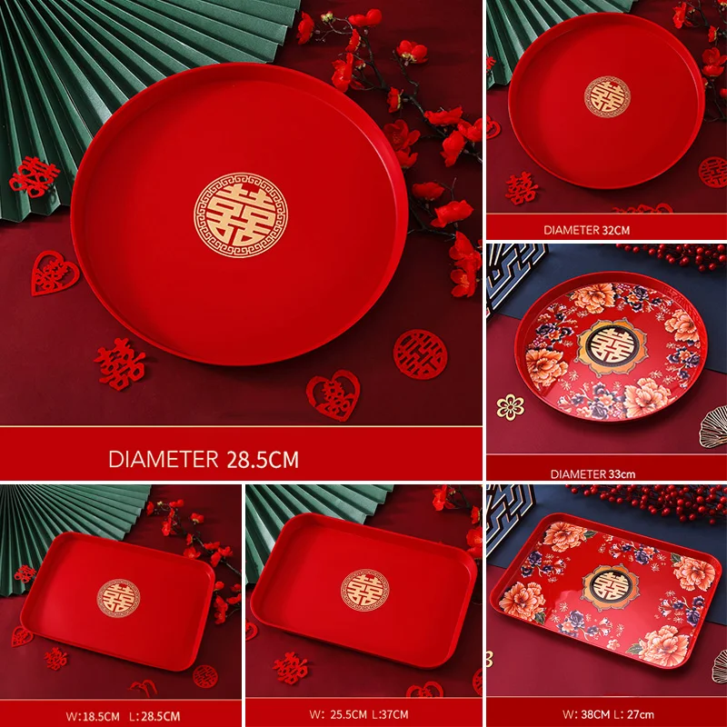 

Festive Supplies Fruit Wedding Kitchen Tray Snack Red Traditional Banquet Plastic Xi Tray Multi-sizes Storage Tea Chinese Tray