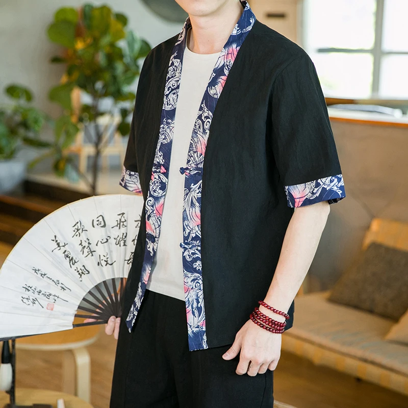 

2023 Summer Men's Kimono Jackets Cardigan Men Lightweight Casual Seven Sleeves Open Front Coat Outwear