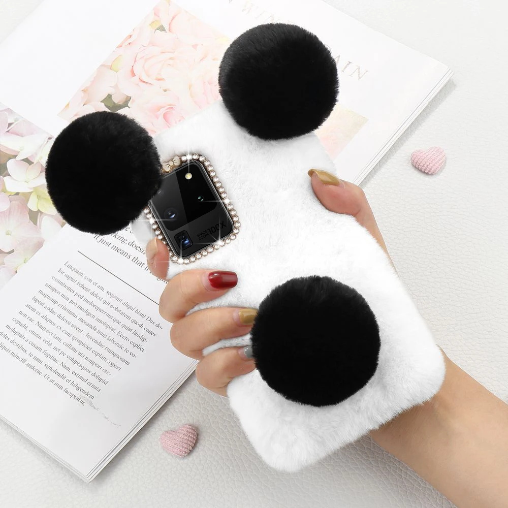 For Samsung Galaxy A13 A02S A73 5G A51 A71 A50 A70 A30 A21S A22 S22 S20 S21 Plus Note 20 Ultra Cute Panda Plush Furry Phone Case