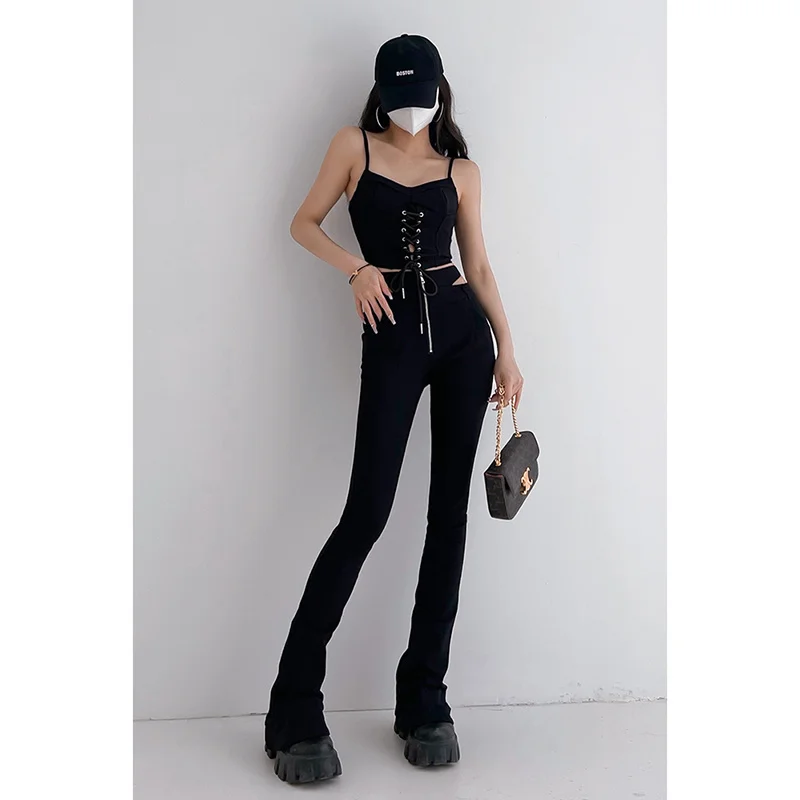 

Spring And WOMANGAGA Autumn High Elastic Tight Hollow Casual Flared Pants Solid Color High Street Slim Women's Clothing 4TQE