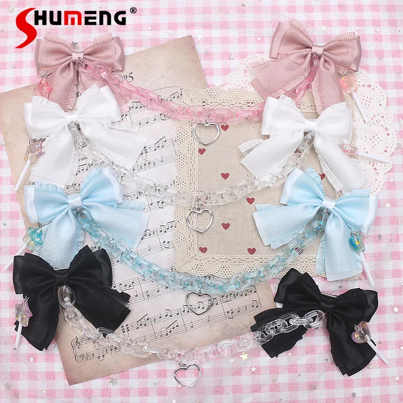 

Original Handmade Y2k Sweet Cool Culture Lollipop Pendant Lolita Cute Woman Candy Color Bow Chain Barrettes A Pair of Hairclips