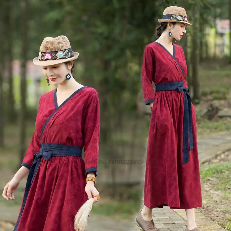

2023 woman hanfu dress chinese folk dance costumes oriental national jacquard cotton linen dress oriental ancient vintage dress