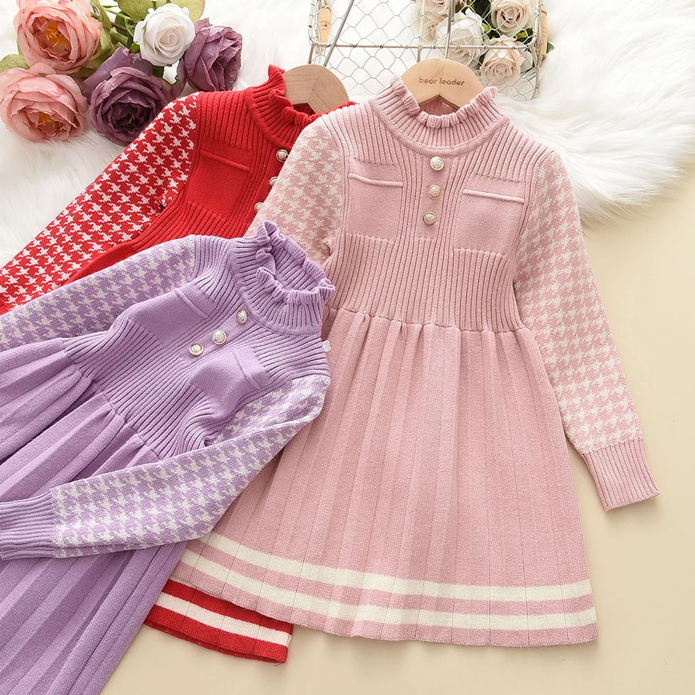 

Girls Sweater Plaid Dress Red Christmas 2022 Winter Autumn New Long Sleeve Knitted Dress Girls Princess Dresses Vestidos 4-8 Y