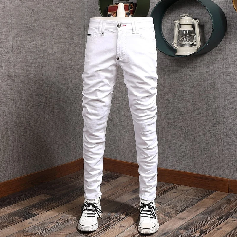 Fashion Designer Men Jeans High Quality Stretch Slim Fit White Jeans Men Elastic Trousers Vintage Casual Denim Pants Hombre