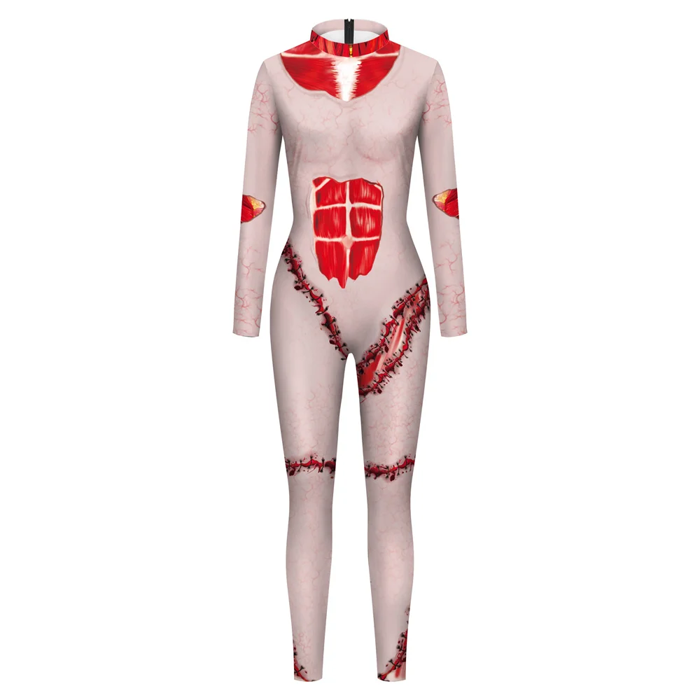 FCCEXIO Halloween Cosplay Costumes Blood Scar Print Women Adult Jumpsuit Bodysuit Long Sleeve Carnival Party Fancy monos mujer images - 6