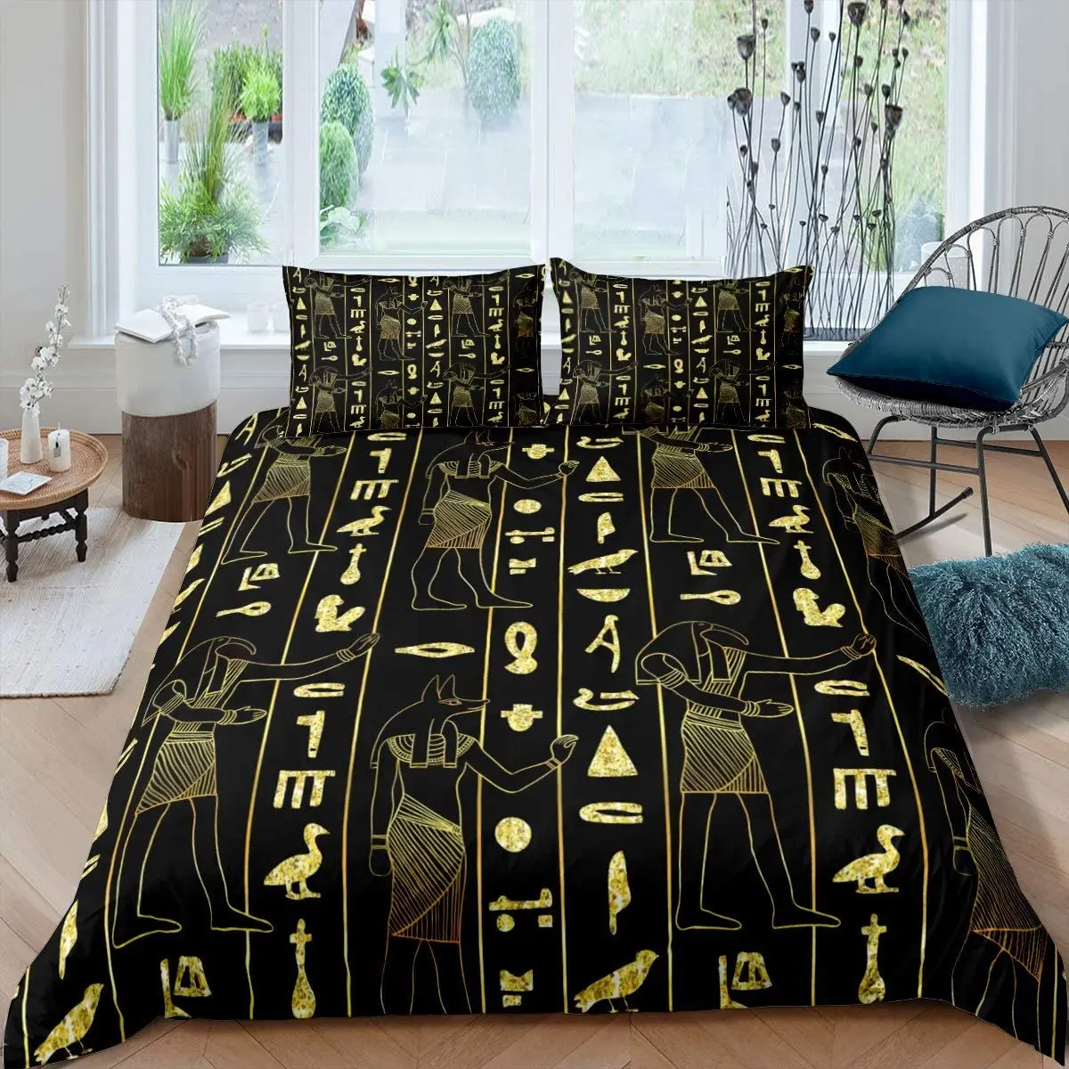 

Ancient Egypt Comforter Cover Set Egyptian Symbol Duvet Cover Vintage Pharaoh Pyramid Bedding Set Boho Tribal Quilt Cover