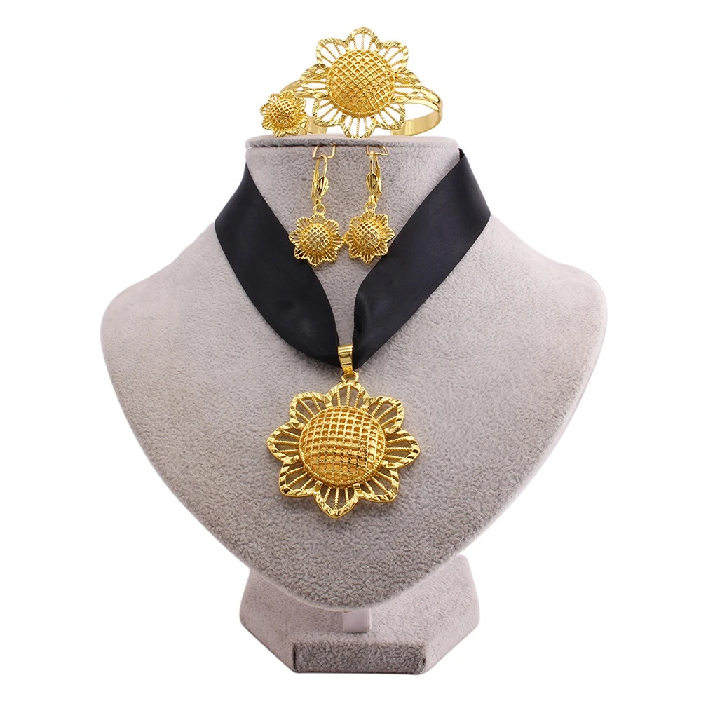 

Dubai 24 K Gold Jewelry Set India Nigeria Bridal Wedding Necklace Bracelet Earring Ring Four Piece Set Birthday Gift