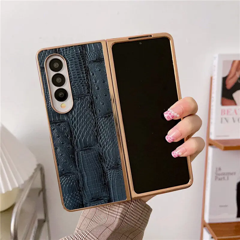 Genuine Cowhide Leather Retro Case for Samsung Galaxy Z Fold 4 Fold4 Glossy Frame Vintage Crcodile Ostrich Grain Splicing Cover