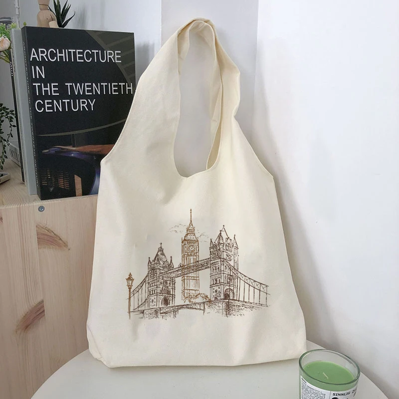 

Women Canvas Shoulder Bag london bridge Daily Shopping Bags Students Book Bag Large Tote For Girls Cotton Cloth Handbags