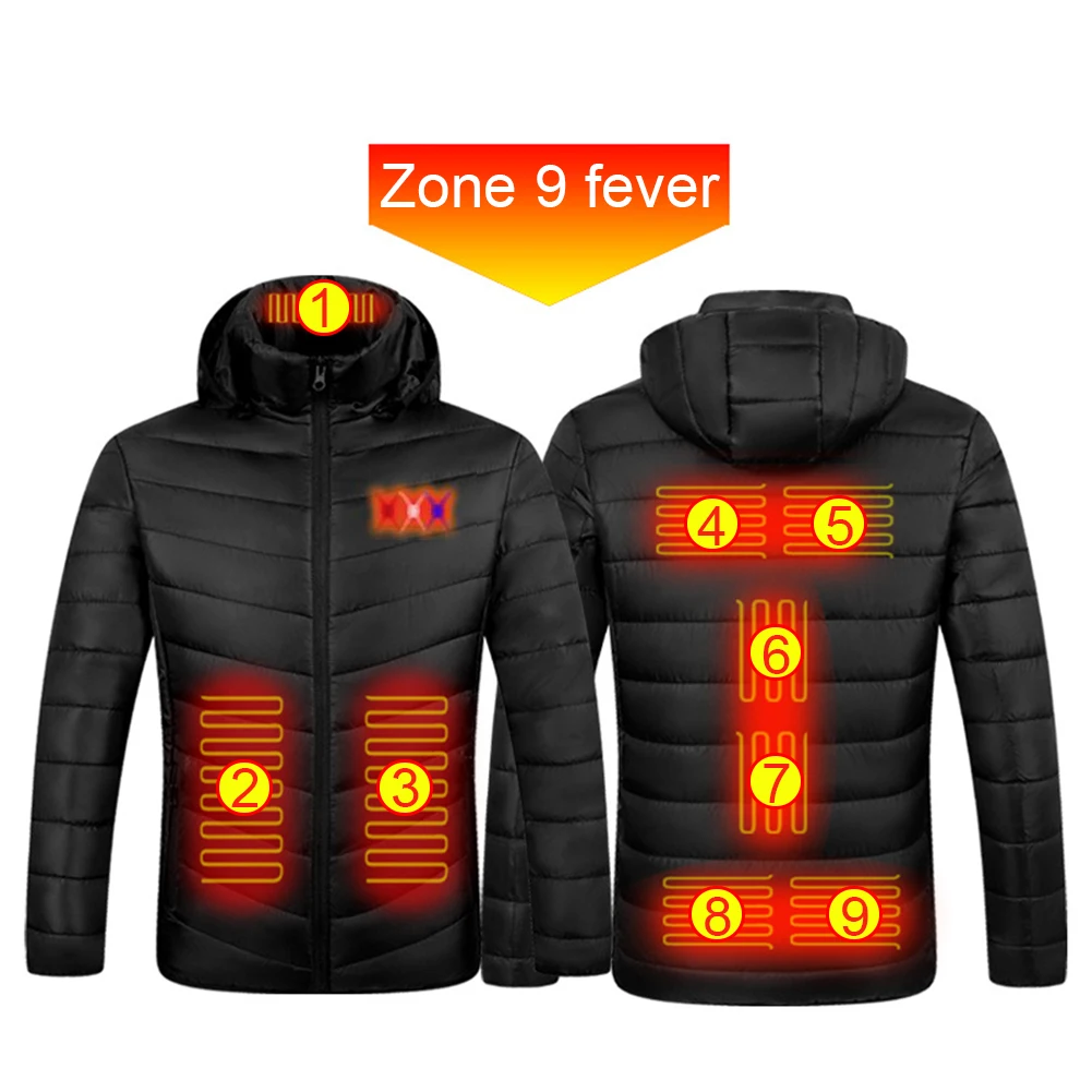 Electric Hooded Jacket Hooded Heated Jacket Coat 9 Areas Waterproof Windproof Warm USB Electric for Outdoor Camping Hiking