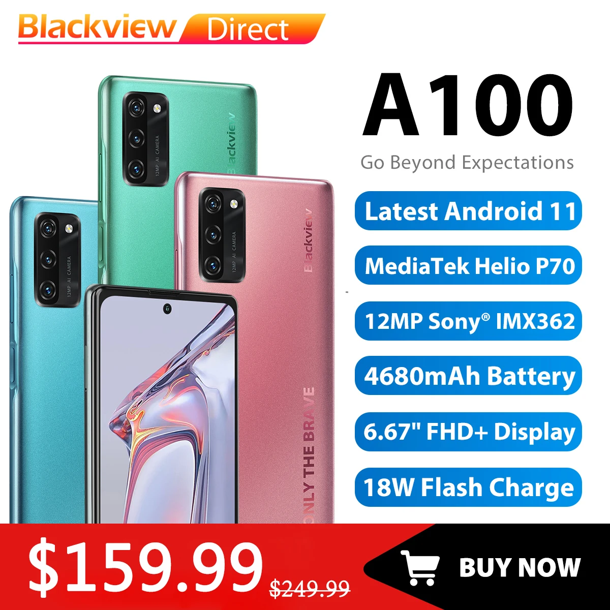 Blackview A100 Helio P70 Android 11 Smartphone 6GB+128GB 6.67