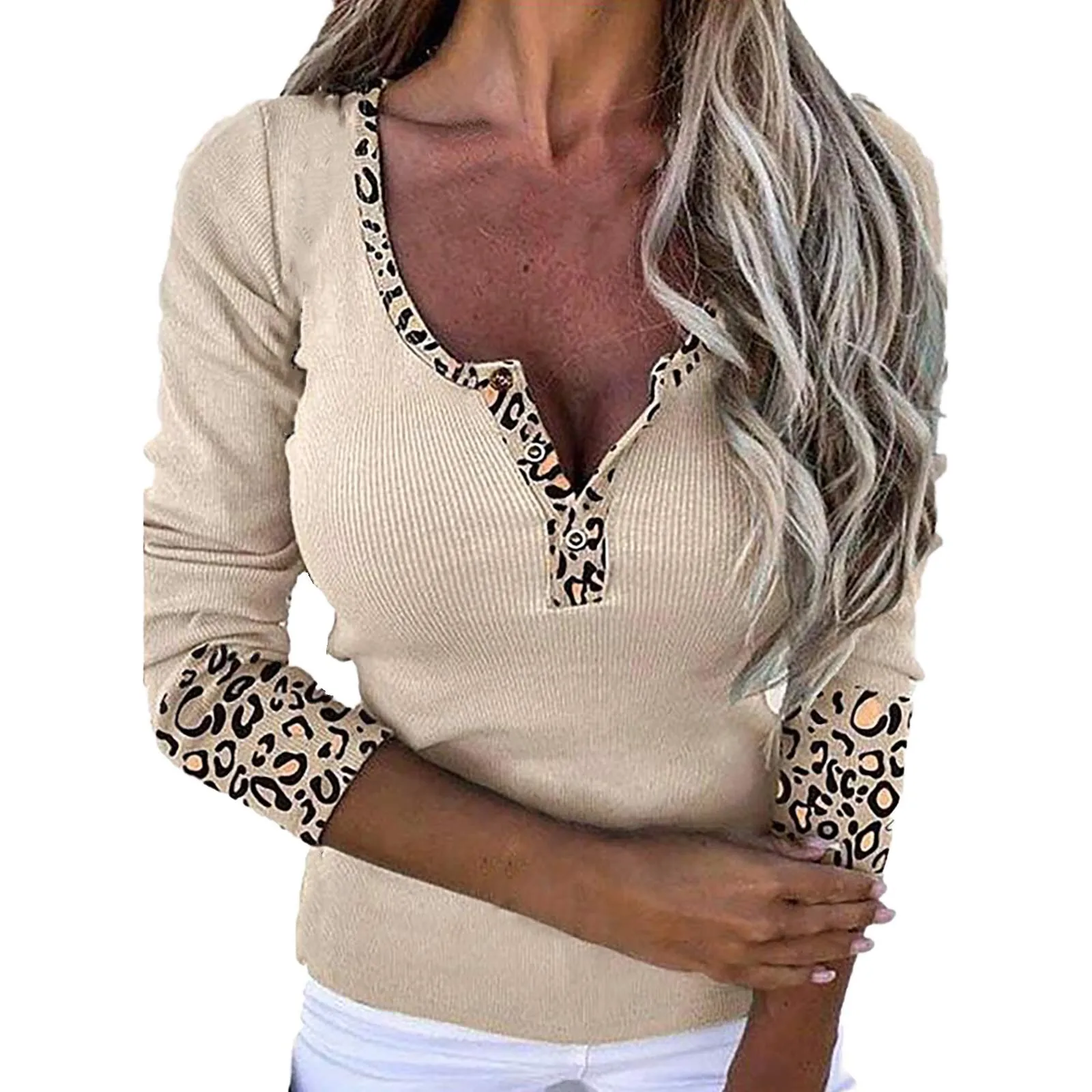 

Женская трикотажная футболка на пуговицах, с длинным рукавом и V-образным вырезом